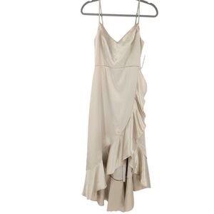 Birdy Grey Satin Midi Dress Ruffle Champagne SZ Small Bridesmaid